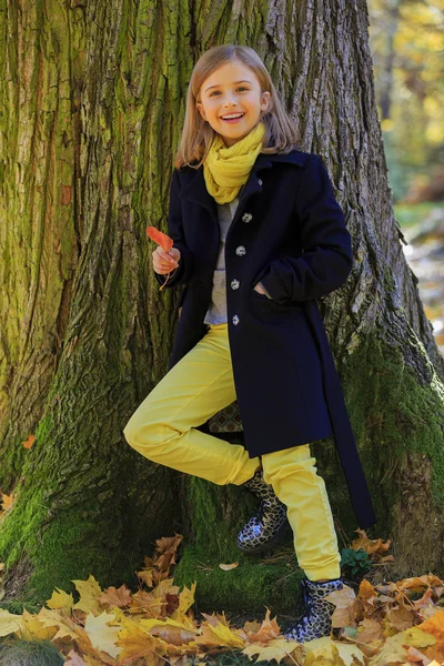 Diversão de outono - linda menina tem uma diversão no parque de outono — Fotografia de Stock