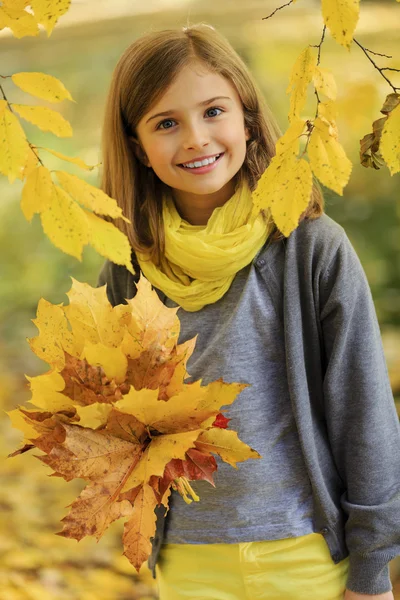 秋天的乐趣 — — 可爱的女孩，有着一段有趣在片秋色的公园 — 图库照片