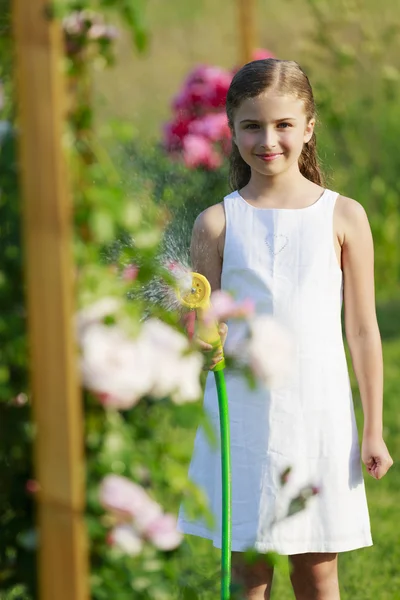 Sommergarten, Bewässerung - schönes Mädchen gießt Rosen — Stockfoto