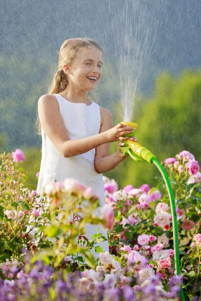 Sommar trädgård, vattning - vacker flicka vattning rosor — Stockfoto