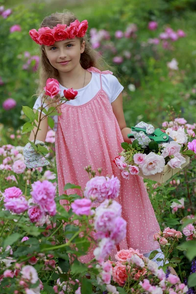 Giardino delle rose - bella ragazza che gioca nel giardino delle rose — Foto Stock