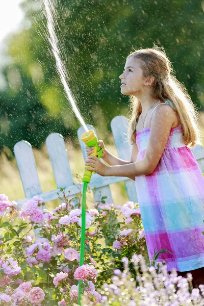 Vattning, blomma trädgård - vacker flicka vattning rosor — Stockfoto