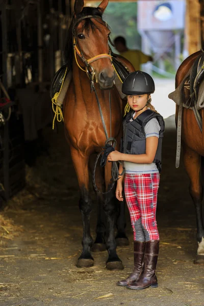 Pferd und hübsches Reitermädchen im Stall — Stockfoto