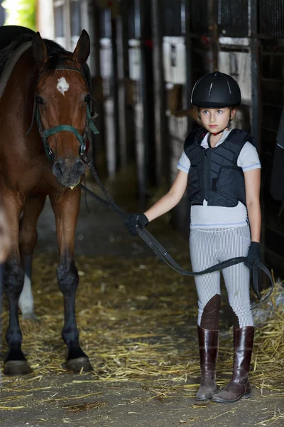 馬および馬小屋の中の素敵な馬術女の子 — ストック写真