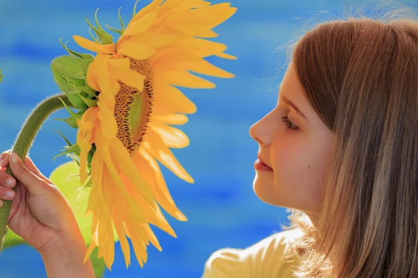 Flicka och solros - vacker flicka är att lukta solros — Stockfoto