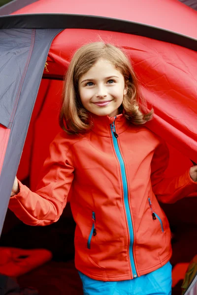 Summer in the tent - young girl on the camping — Stock Photo, Image