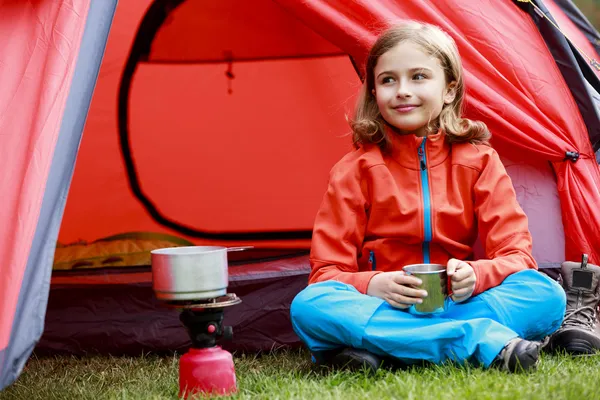 Summer in the tent - young girl on the camping — Stock Photo, Image