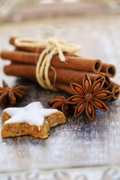 Especias, estrellas de jengibre y anís con palitos de canela —  Fotos de Stock