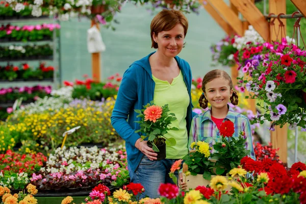 Planting, garden flowers - family shopping plants and flowers in garden center — Stock Photo, Image
