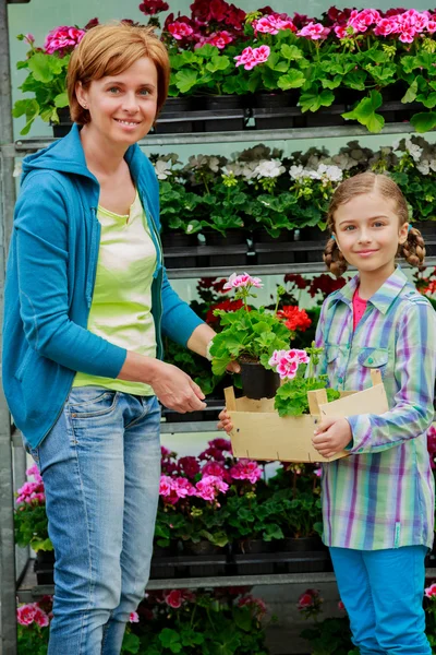 Plantio, flores do jardim - plantas de compras da família e flores no centro do jardim — Fotografia de Stock