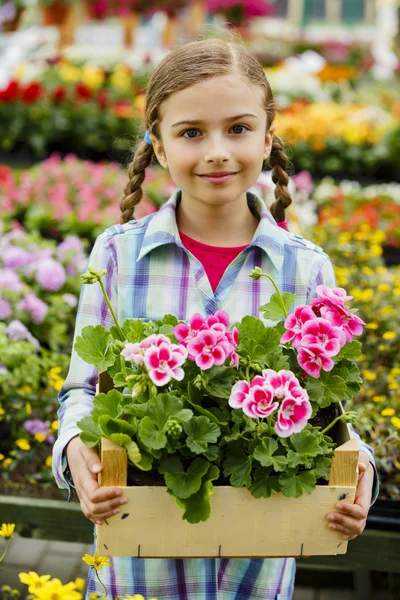Plantering, trädgård blommor - härlig tjej med blommor — Stockfoto