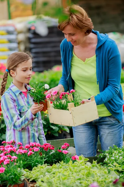 Plantering, trädgård blommor - familjen shopping växter och blommor i garden center — Stockfoto