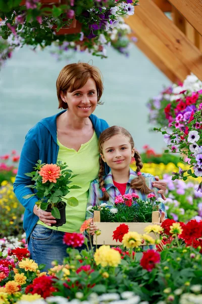 Plantering, trädgård blommor - familjen shopping växter och blommor i garden center — Stockfoto