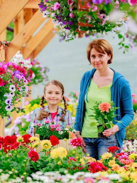 Plantering, trädgård blommor - familjen shopping växter och blommor i garden center — Stockfoto