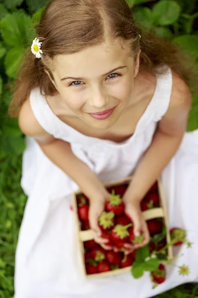 Strawberry time - young girl with picked strawberries — Stock Photo, Image