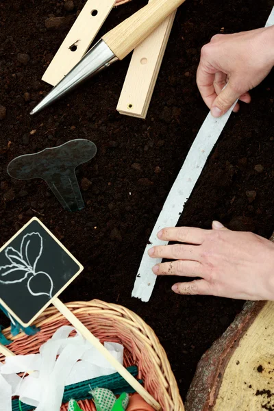 Gardening, sowing - woman sowing seeds into the soil — Stock Photo, Image