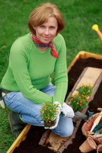 Jardinage, plantation - femme plantant des fleurs dans le jardin — Photo