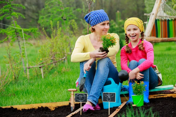 Trädgårdsskötsel, plantering - tjej att hjälpa mamma i trädgården — Stockfoto