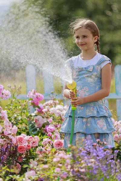 Sommar trädgård, vattning - vacker flicka vattning rosor — Stockfoto