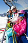 Картина, постер, плакат, фотообои "ski lift, skiing, ski resort - happy skiers on ski lift", артикул 47437389
