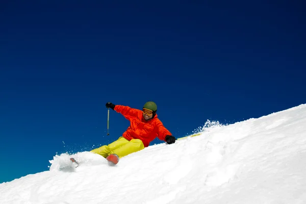 Ski, Skier, Freeride em neve fresca em pó - homem esqui downhill — Fotografia de Stock