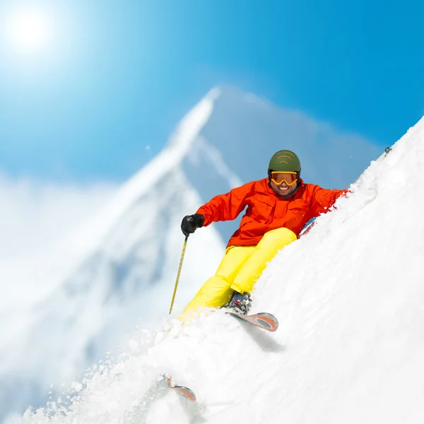 Esqui, esquiador, Freeride em neve fresca em pó — Fotografia de Stock