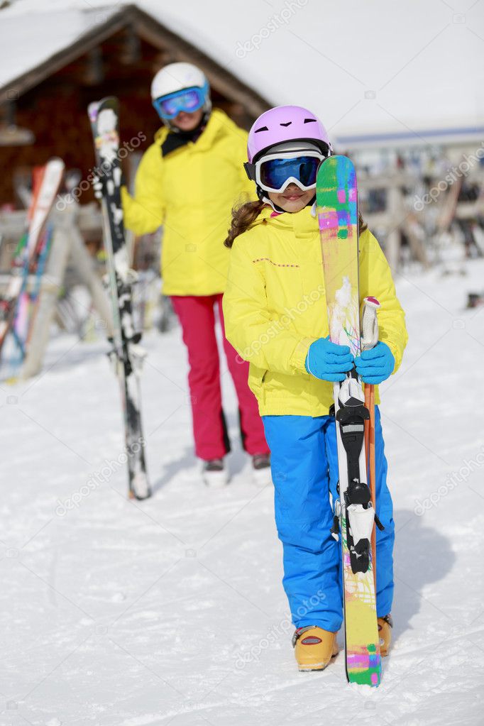 Ski, ski resort, winter sports - family on ski vacation