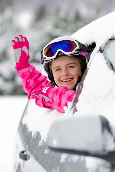 Winter, ski - happy child on the road for ski holidays — Stock Photo, Image
