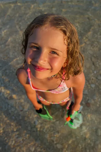 Summer joy, beach - young girl diver in the sea — Stock Photo, Image