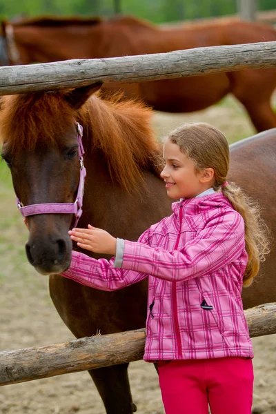 牧場牧場で馬と素敵な女の子 — ストック写真