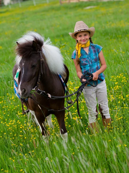 Häst och jockey - liten flicka betande hästen på ängen — Stockfoto