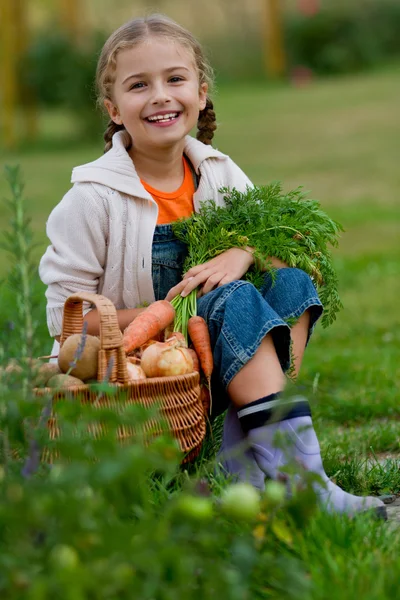 Gemüsegarten, Kind - hübsches Mädchen mit dem Korb ökologischer Ernten — Stockfoto