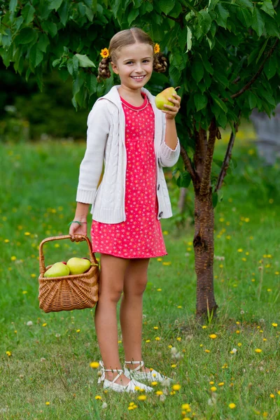 Fruits orchard, garden - lovely girl eating picked ripe pear — Stock Photo, Image