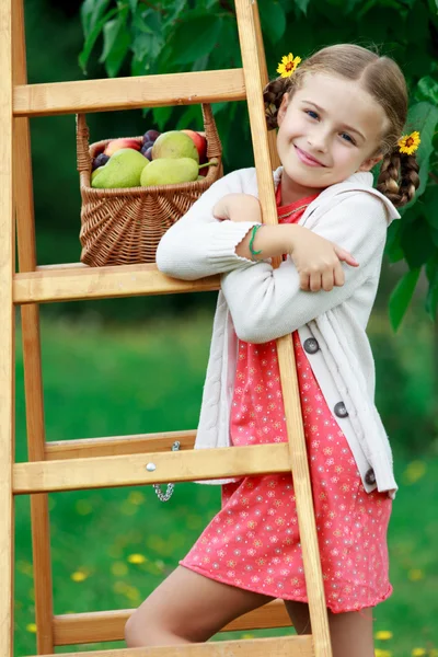 Pomar de frutos, jardim - menina encantadora com pêras maduras colhidas e ameixas — Fotografia de Stock