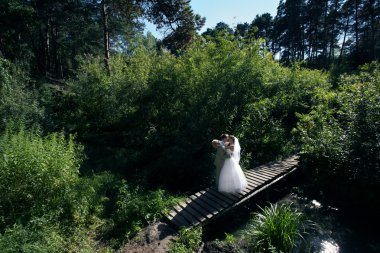 mutlu gelin ve Damat Düğün yürüme parkta bir ahşap köprü