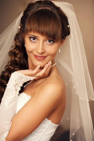 Retrato de novia hermosa. Vestido de novia. Decoración de boda —  Fotos de Stock