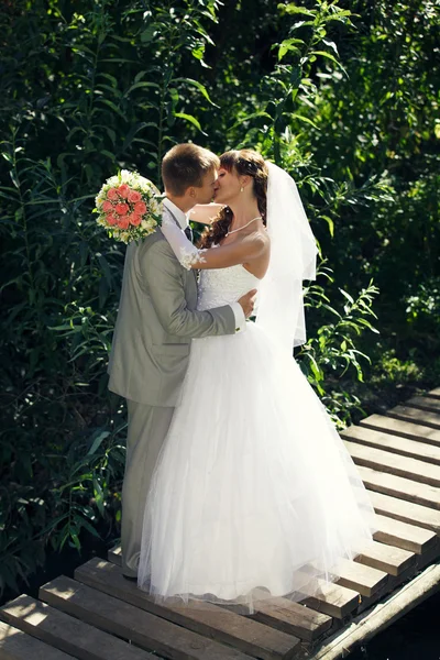 Noiva feliz e noivo em uma ponte de madeira no parque no passeio de casamento — Fotografia de Stock