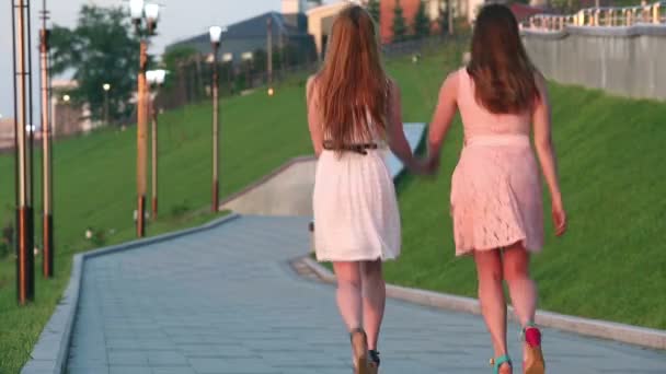 Rear view of two girl friends jumping and holding hands — Stock Video