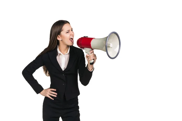 Femme d'affaires avec mégaphone — Photo