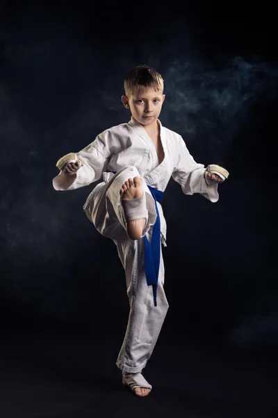 Молодой мальчик тренирует карате — стоковое фото