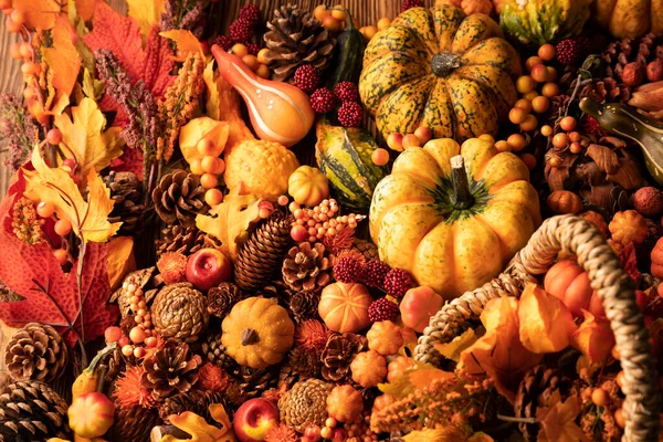 Herfst Compositie Een Rustieke Houten Achtergrond Decoratieve Pompoenen Diverse Bladeren — Stockfoto