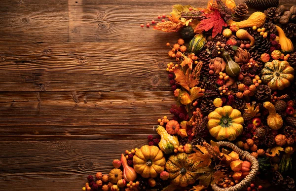 Herbstliche Komposition Auf Rustikalem Holzgrund Zierkürbisse Verschiedene Blätter Tannenzapfen Nüsse — Stockfoto