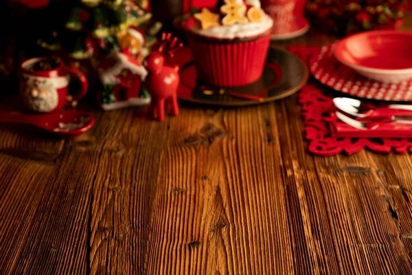 Fundo Natal Louça Natal Decorações Mesa Madeira Rústica — Fotografia de Stock