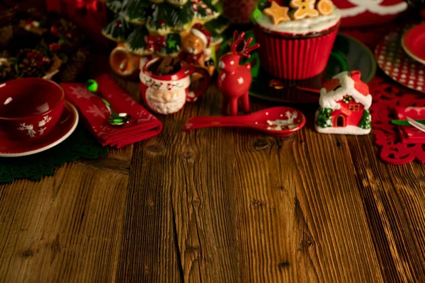 Fundo Natal Louça Natal Decorações Mesa Madeira Rústica — Fotografia de Stock