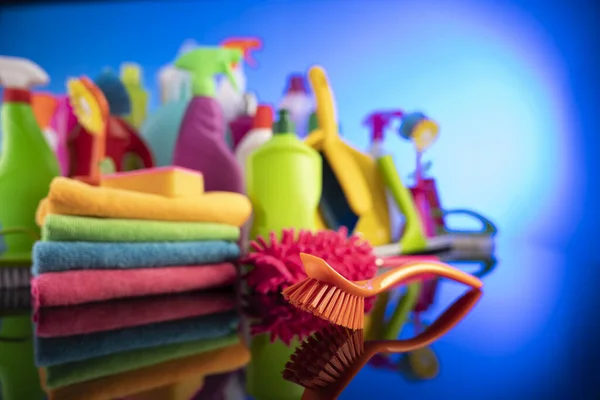 Limpeza Casa Para Natal Kit Limpeza Colorido Fundo Azul — Fotografia de Stock
