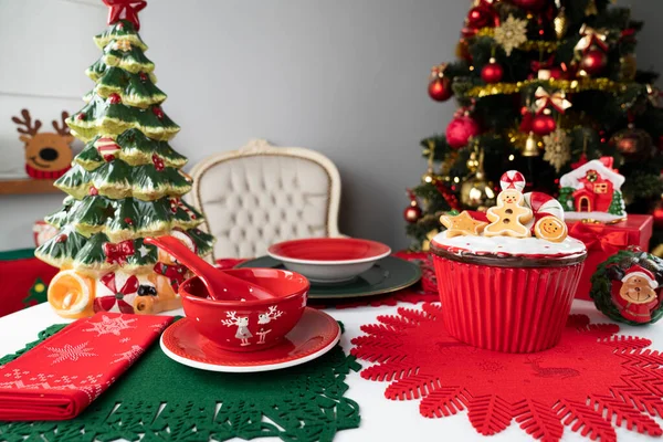 Christmas Background Christmas Tableware Decorations Table — Stock Photo, Image