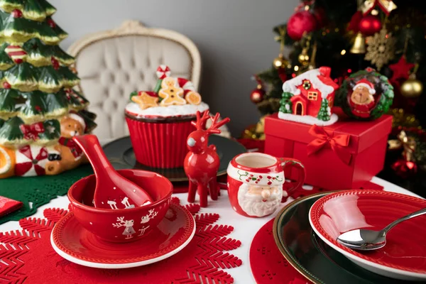 Christmas Background Christmas Tableware Decorations Table — Stock Photo, Image