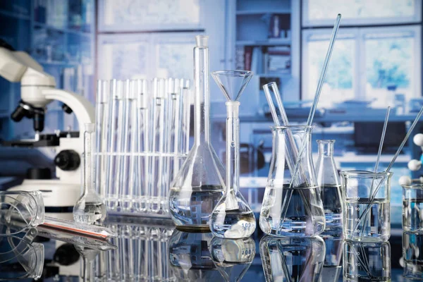 Laboratory Investigations Test Medicine Covid Microscope Glass Tubes Beakers Laboratory — Stockfoto