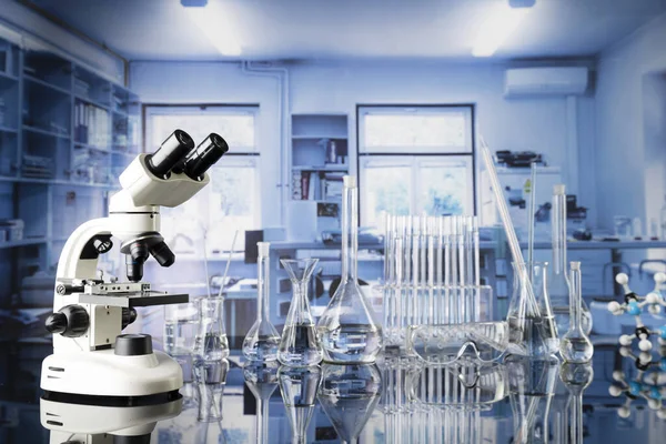 Laboratory Investigations Test Medicine Covid Microscope Glass Tubes Beakers Laboratory — Stock Photo, Image