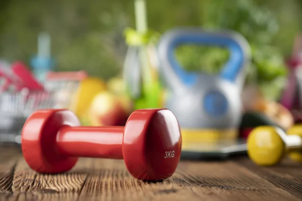 Conceito Aptidão Nutrição Saudável Frutas Legumes Equipamento Para Exercícios Fitness — Fotografia de Stock